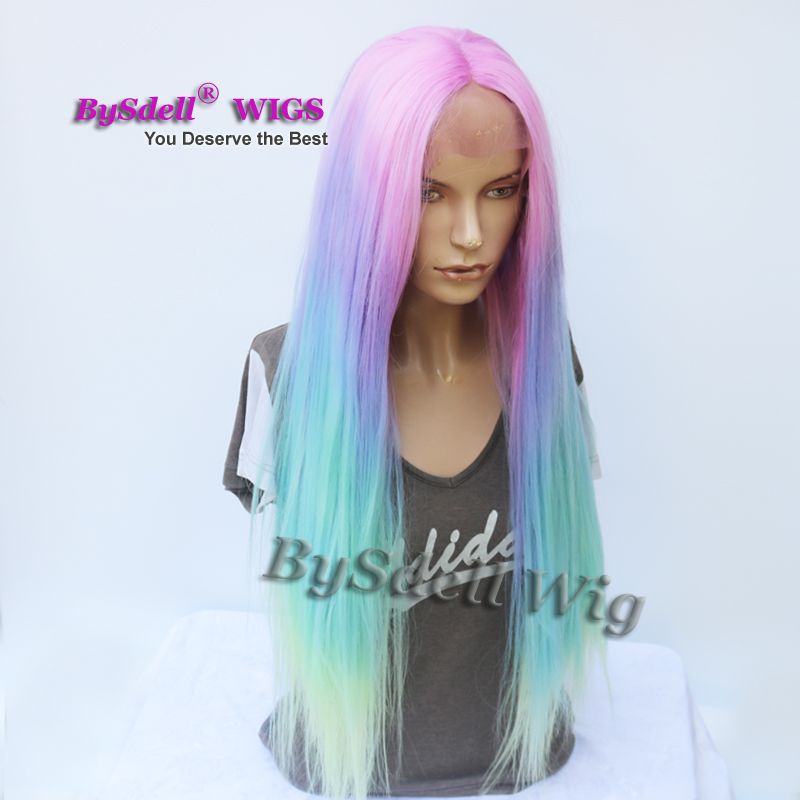 Long Silk Straight Mermaid Rainbow Color None Lace/ Lace Front Wig