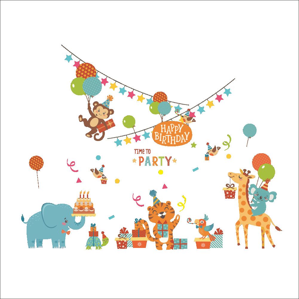 Cartoon Animals Birthday Party Wall Stickers For Kids Boys Girls Room