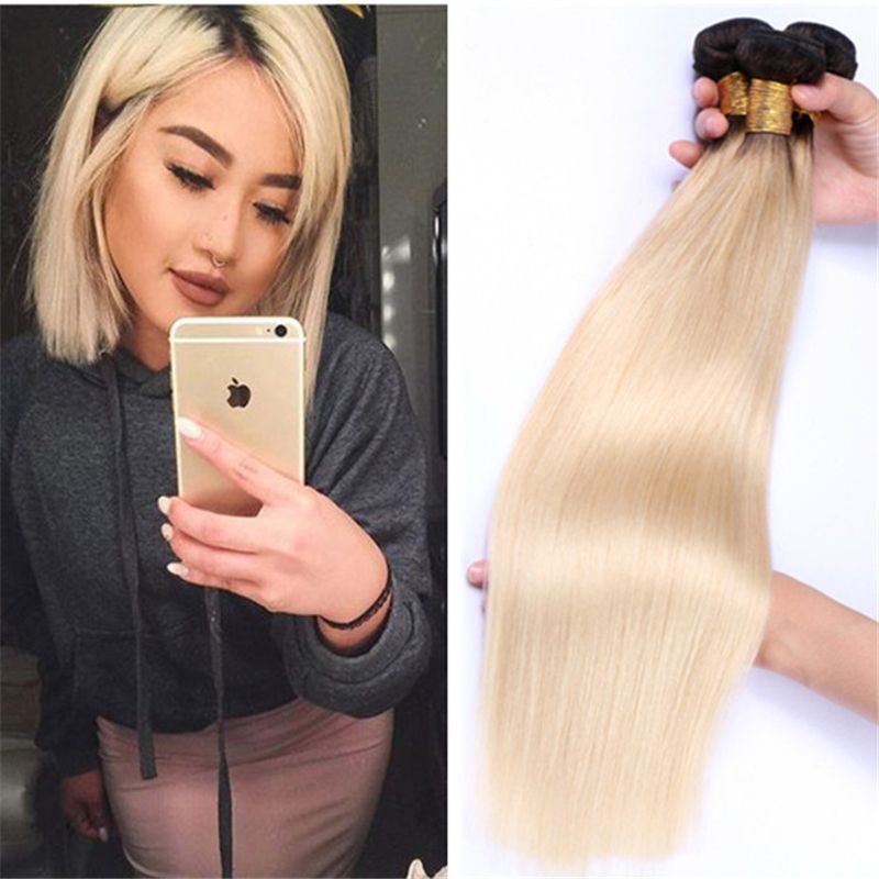 T1b 613 Peruvian Ombre Straight Human Hair Bundles Platinum Blonde