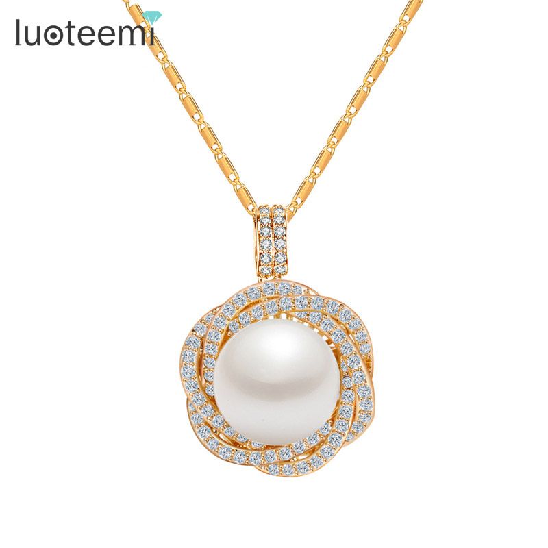 Whole Luoteemi New Design High Quality Flower Cz Round Big Pearl Whole Luoteemi New Design High Quality Flower Cz Round Big Pearl Pendant Necklace Champagne Gold Color Jewelry For Women Silver Pendants From
