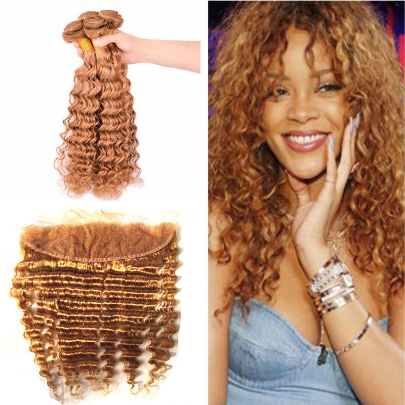 Brazilian Honey Blonde 27 Hair Weaves With Ear To Ear Full Lace Frontals 27 Deep Wave Lace