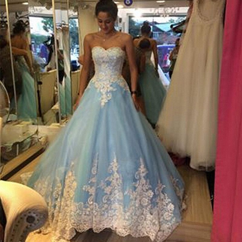 light blue and white wedding dress