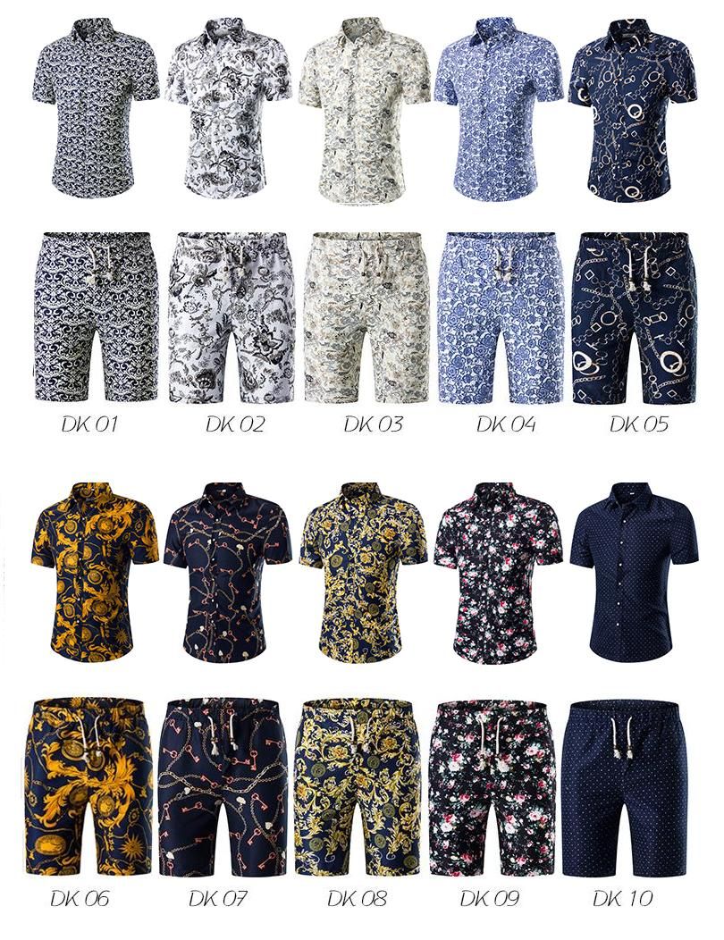 2019 Men Shirts+Shorts Set New Summer Casual Printed Hawaiian Shirt ...