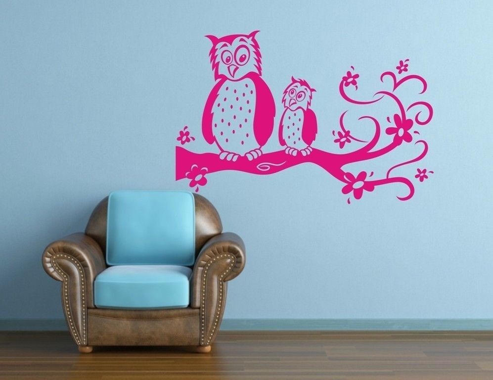owl and baby owl on tree branch flower vinyl wall sticker removable