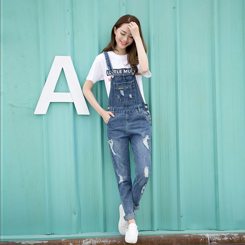2019 Wholesale Spring Fashion Ripped Jeans Jumpsuits Ladies Girls Long Pants Casual Women