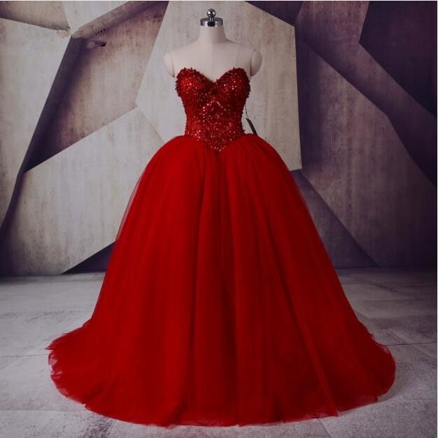 2017 Puffy Red Quinceanera Dresses Beaded Sequins Corset Backless