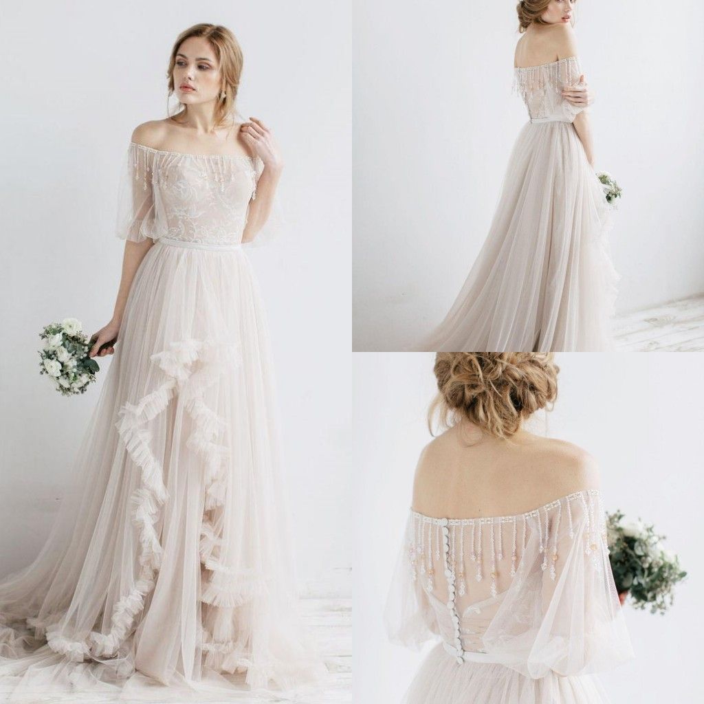 Discount Beautiful  A Line  Wedding  Dress  1 2 Sleeves Off 