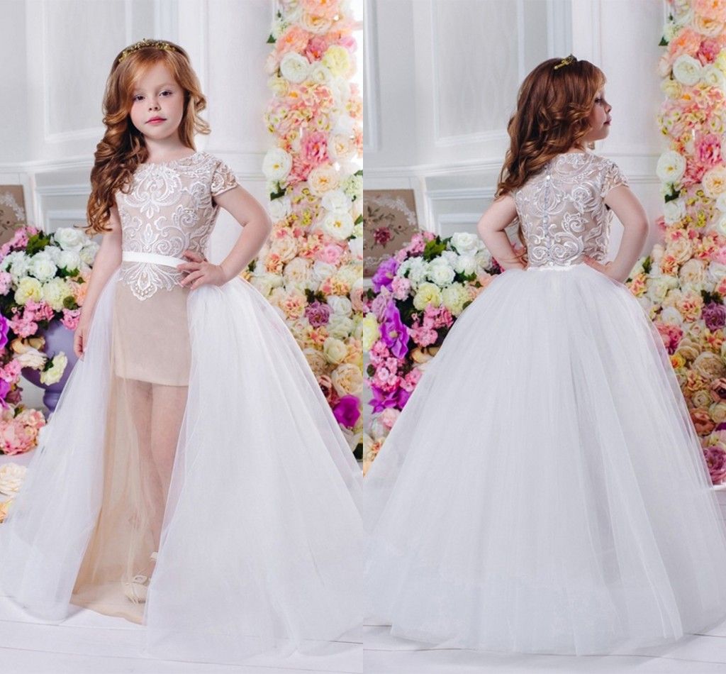 Unique Beach Wedding Flower Girls Dresses Children Detachable Train