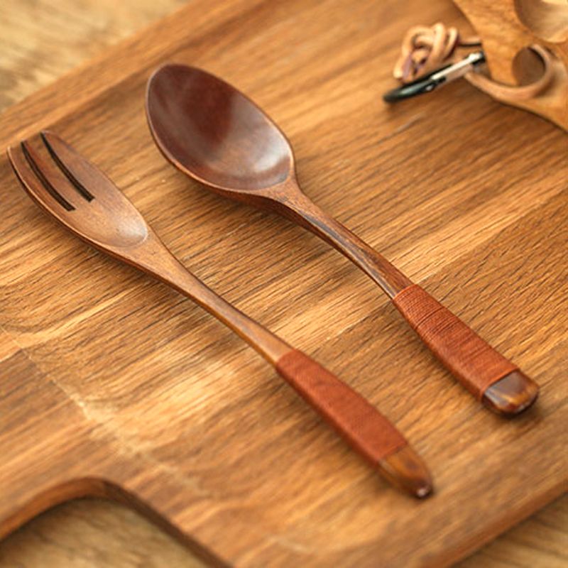 Best Set Of 2 Wood Fork And Spoon Set Japanese Style Long Handle Wooden