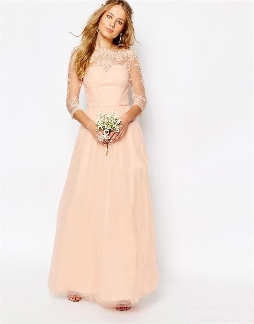 Acquistare Abiti Da Damigella Donore Rosa Pesca A Maniche Lunghe In Tulle  Con Applique In Pizzo A Line Mezze Maniche Da Uomo Damigella Donore Abiti  Su Misura 2018 Economico | Consegna Veloce