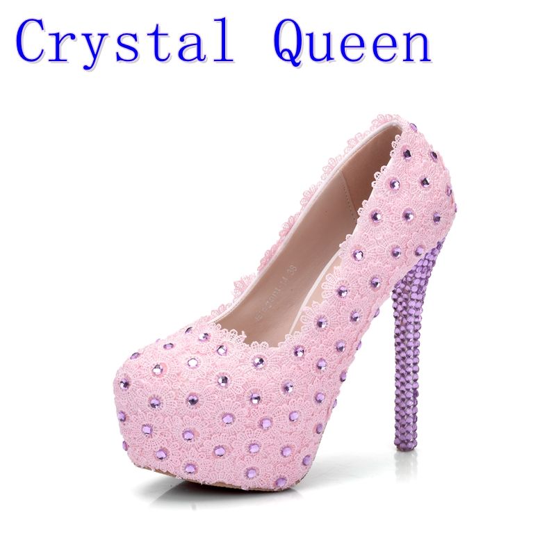 compre crystal queen pink lace flower zapatos de boda rhinestone