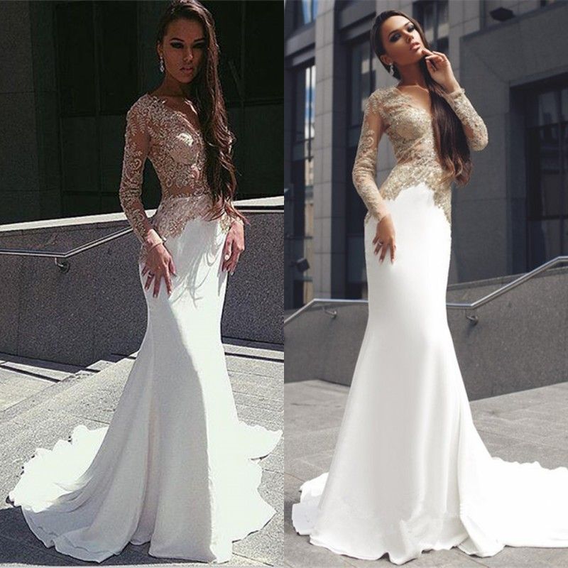 Champagne Gold Lace Appliques Long Sleeves Prom Dresses 2017 V Neck ...