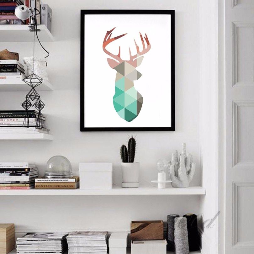 Geometric Coral Deer Head Canvas Art Print Poster Mint Deer Wall