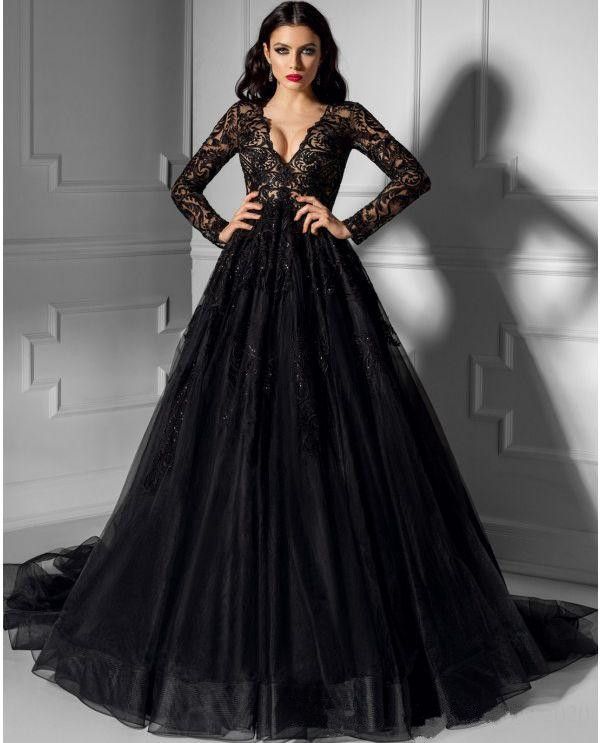 Elegant Black  Lace Long Sleeve Wedding  Dresses  2019 V Neck 