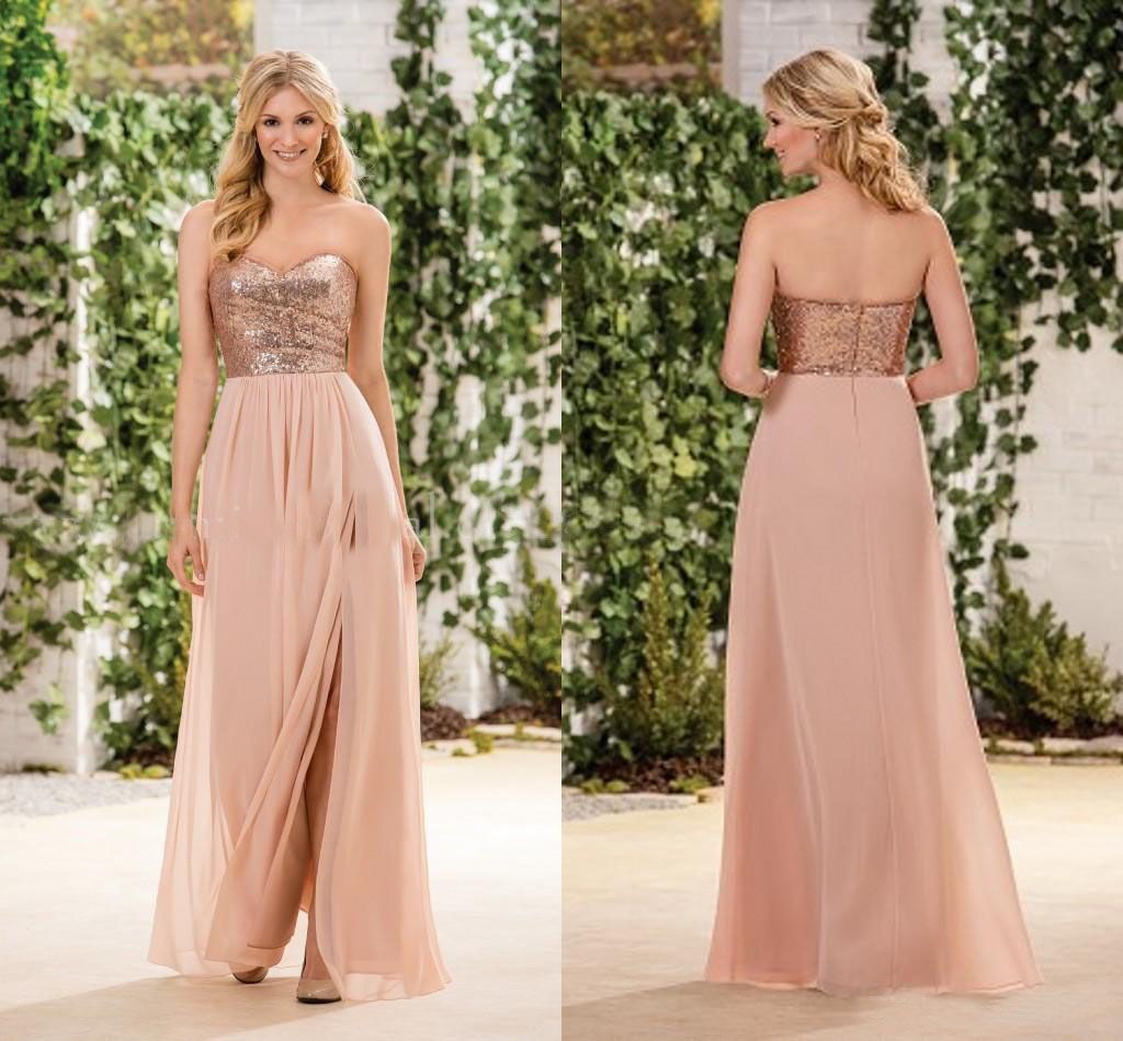 Long Cheap Rose Gold Bridesmaid Dresses A Line Sequins Top Chiffon Side
