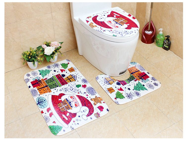 2017 New Year Christmas Bathroom Floor Carpeting Cartoon Santa Claus Snowmen Reindeer Mat Set Toilet Seat Cover Indoor