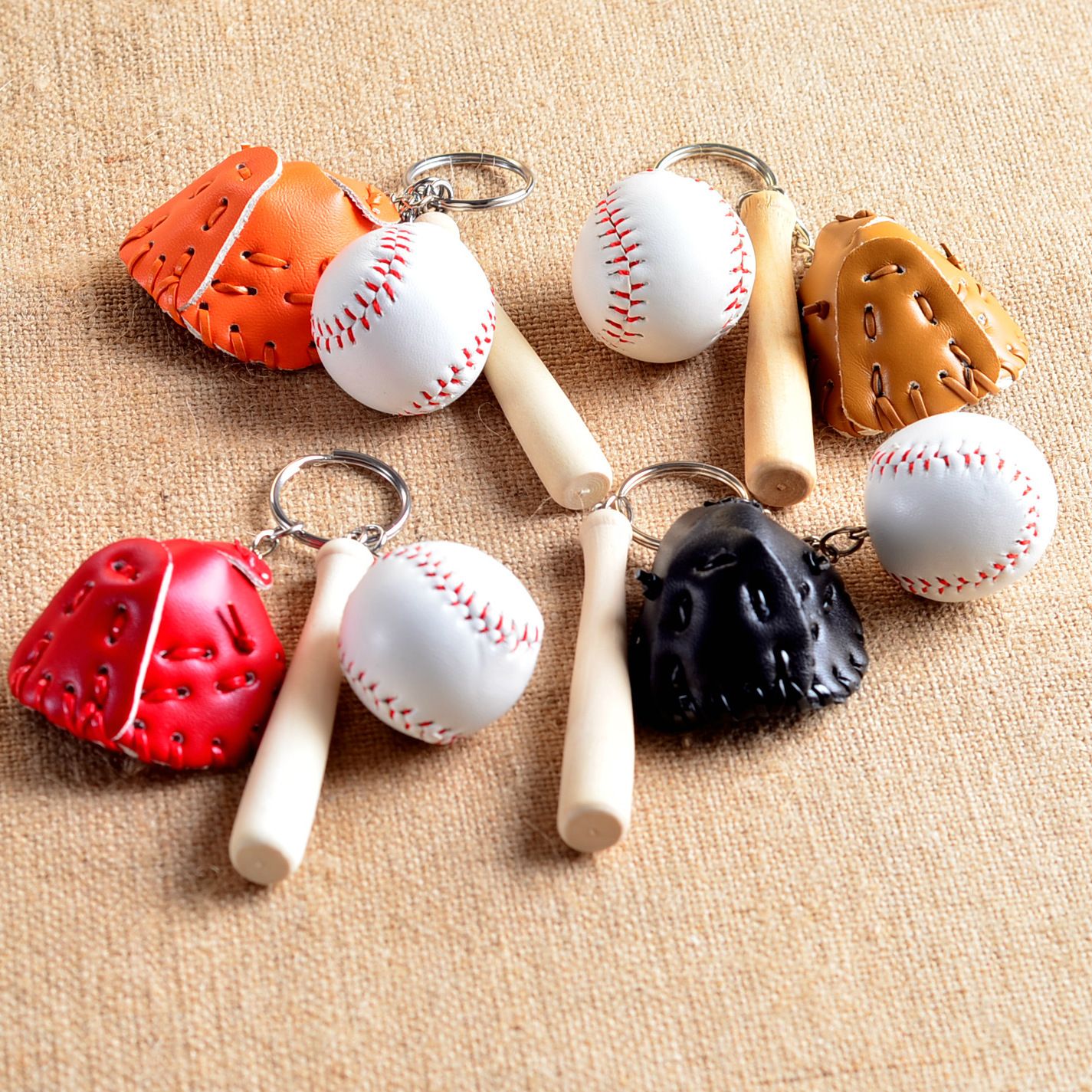 MOQ;Mini Three Piece Baseball Glove Wooden Bat Keychain Sports Car Key
