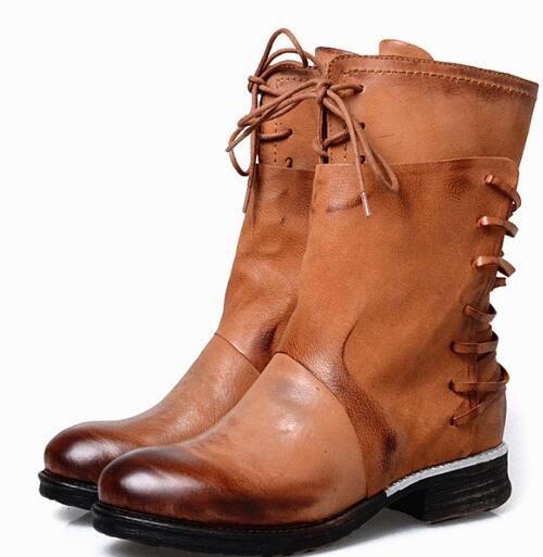 New Womens Comfort Motorcycle Boots Round Toe Cowboy Boots Lace Up