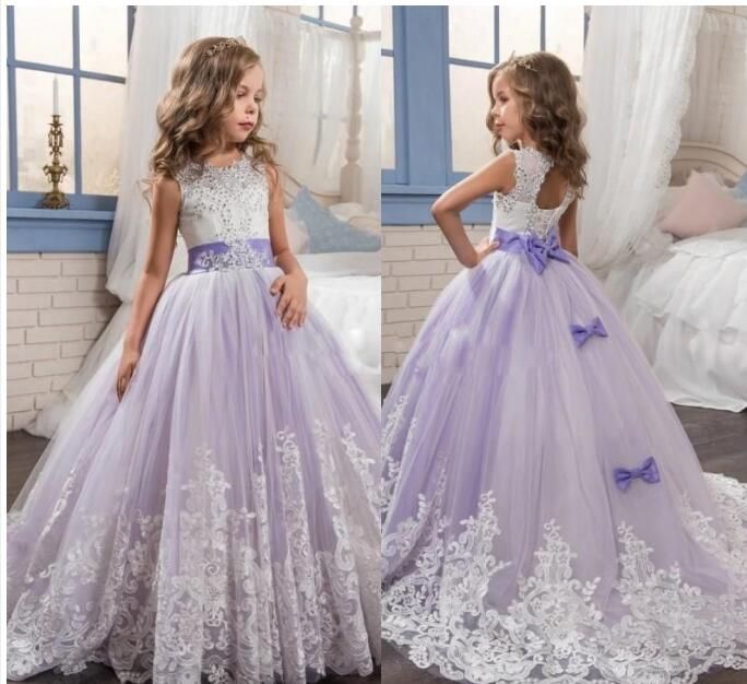 2017 Beautiful Purple And White Flower Girls Dresses Beaded Lace