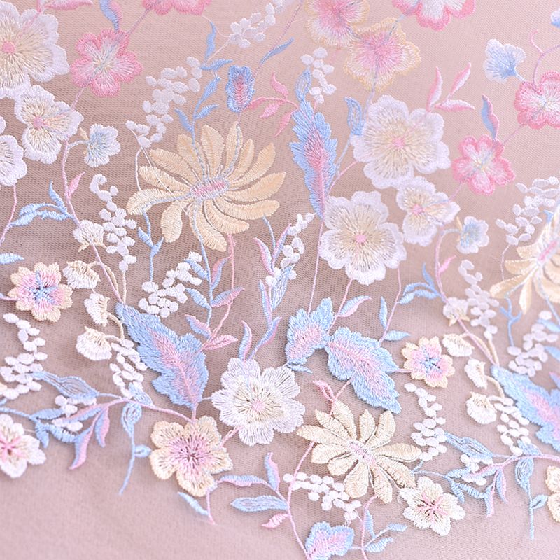Pink Colorful Little Flower Embroidered Lace Mesh Embroidery Fabric