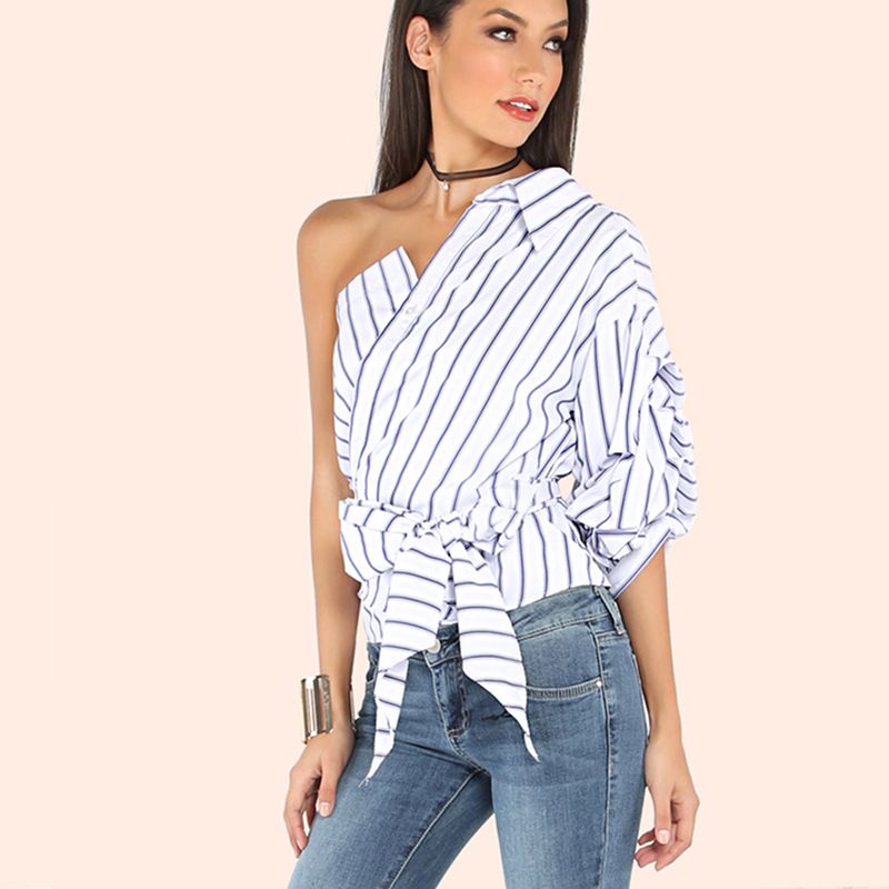 Acquistare Camicetta Estiva Da Donna 2017 Camicia A Maniche Lunghe A Righe Con  Spalle Scoperte Camicia Con Spalle Scoperte Camicie A Maniche Lunghe Top  Blusa Economico | Consegna Veloce E Qualità | It.Dhgate