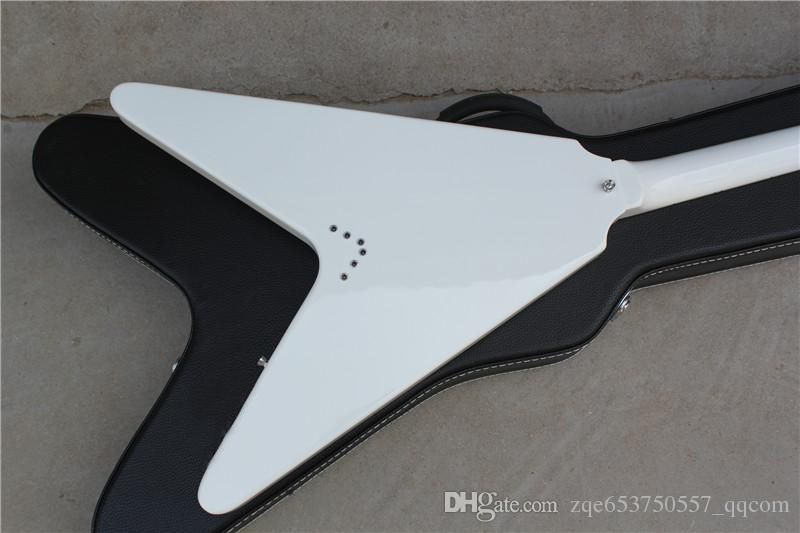 Flying V Shape Electric Guitar With White Body,Black Pickguard And