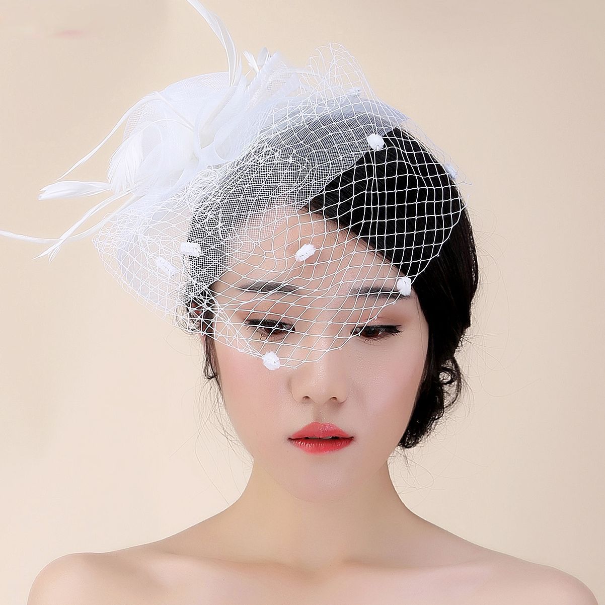 Big Hole Tulle White Bridal Hats Hair Fascinator With Flower