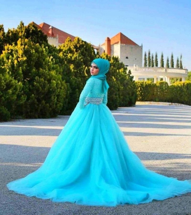 2017 abiti da sposa hijab arabo blu tulle pizzo cristallo abiti da sposa una linea sweep treno manica lunga abiti da sposa musulmani su misura