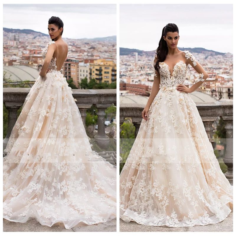 2018 Formal Milla Nova Bridal A Line Scoop Wedding Dresses Illusion Long Sleeve 3D Floral Appliques Chapel Train Garden Gowns 2018 Formal Milla Nova Bridal A Line Scoop Wedding Dresses Illusion Long Sleeve 3D Floral Appliques Chapel Train Garden Gowns