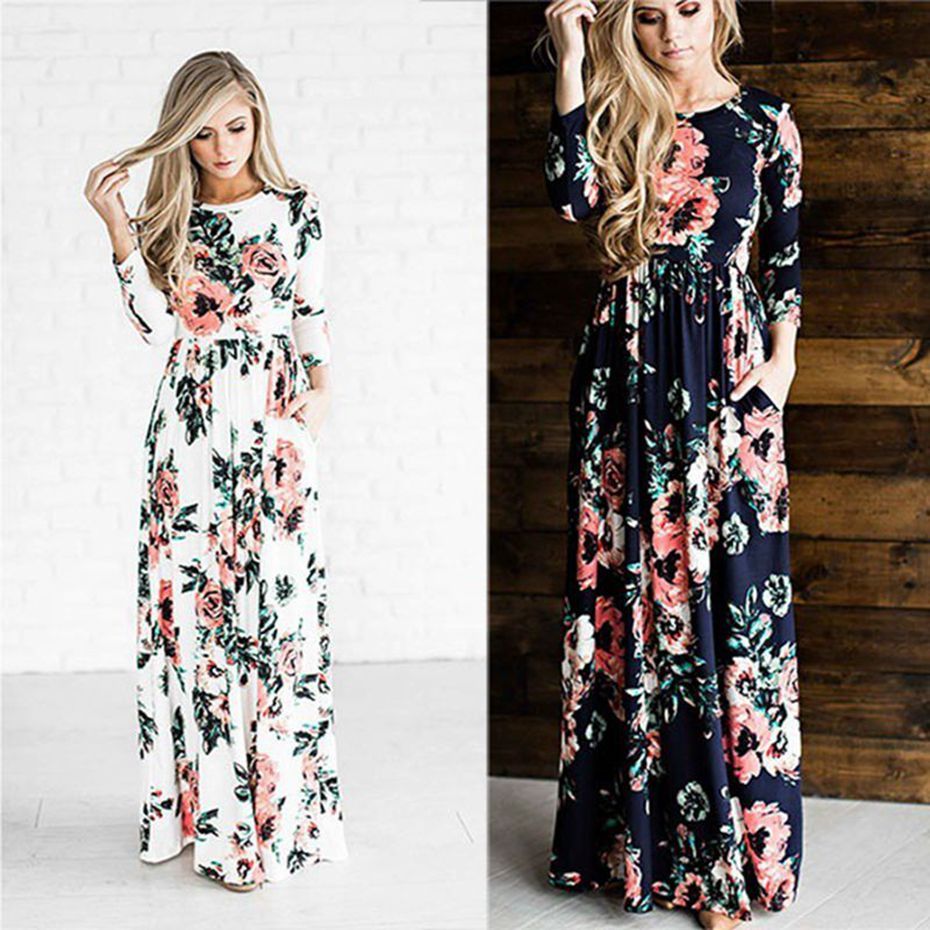 2017 Women Maxi Dress Spring Autumn Flower Print O-Neck Party Casual