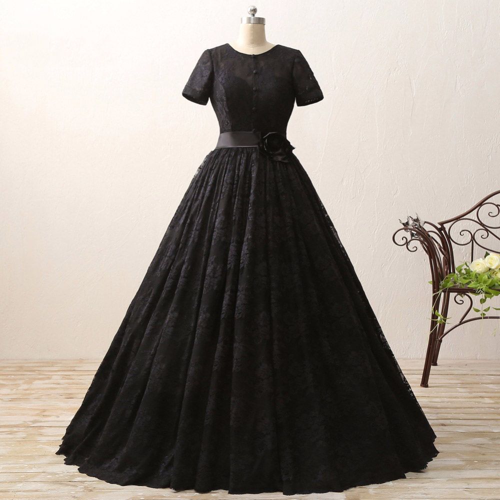 Discount Black  Lace Wedding  Dresses  2019 Jewel A Line 