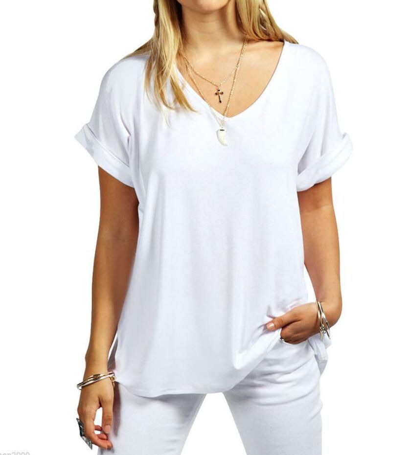 Womens Ladies Baggy Loose Fit V Neck Turn Up Short Sleeve Top T
