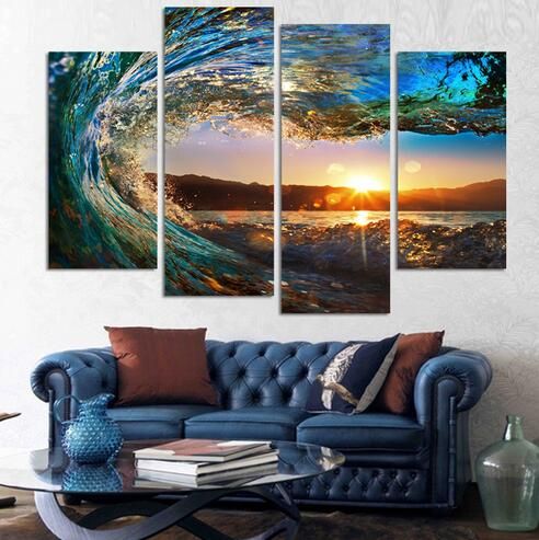 fashion without framed 4 panel modern seascape painting canvas art