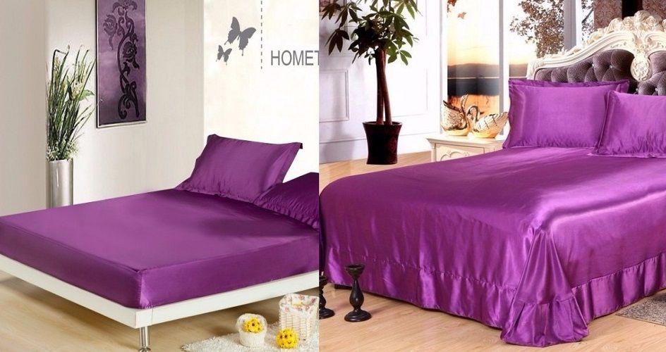 Silk Sheets Purple Bedding Set Satin Flat Fitted Bed Sheet Bedspread Silk Sheets Purple Bedding Set Satin Flat Fitted Bed Sheet Bedspread Super Cal King Size Queen Full Twin Linens Customize Comforter