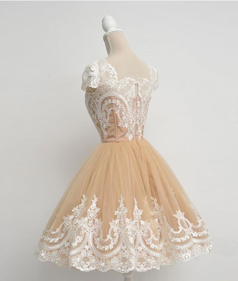 Caramel Tulle Short Prom Gown With Applique Lace Capped Ball Gown