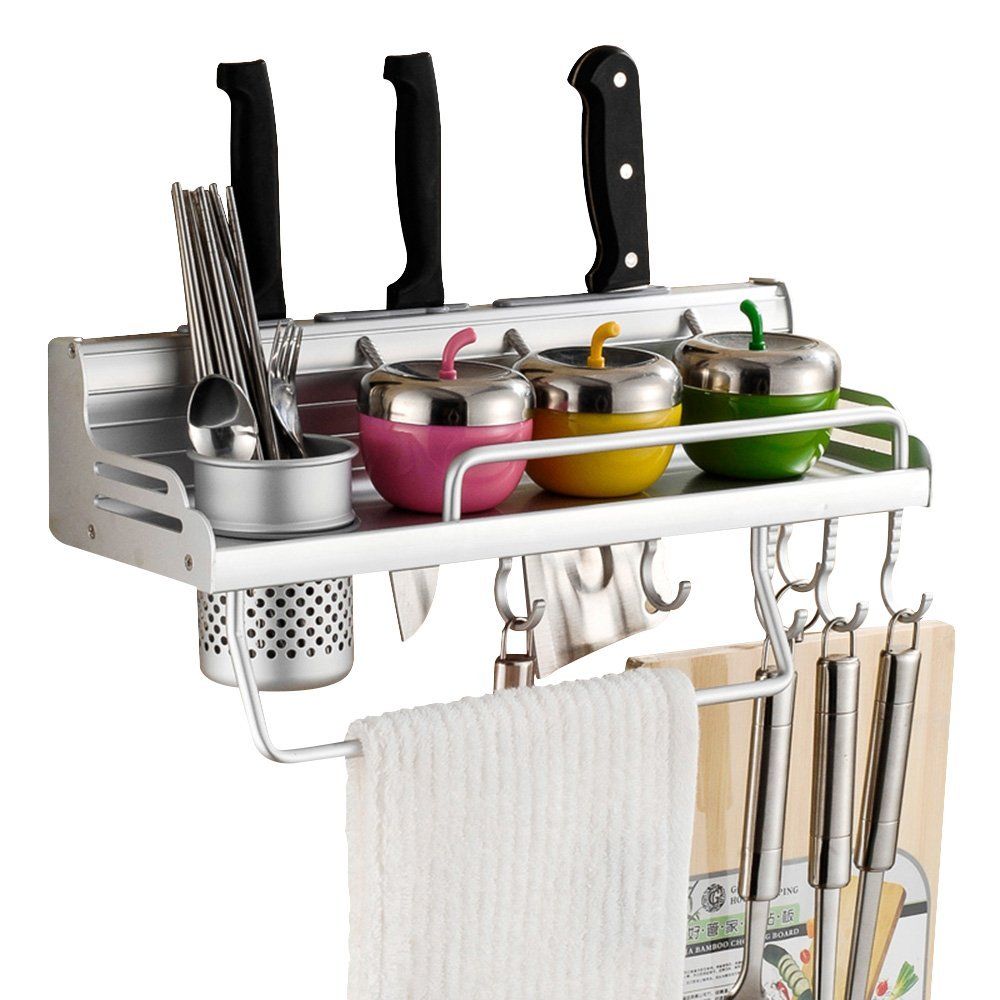 Acheter mur monté pot pan rack alumimum multifonctionnel mur rack cuisine avec étagères support à épices étagère de rangement de cuisine divers cintre de