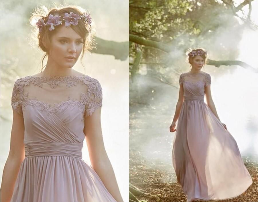 Dusty Rose Pink Bridesmaid Dresses Pleated Chiffon Short Sleeves ...