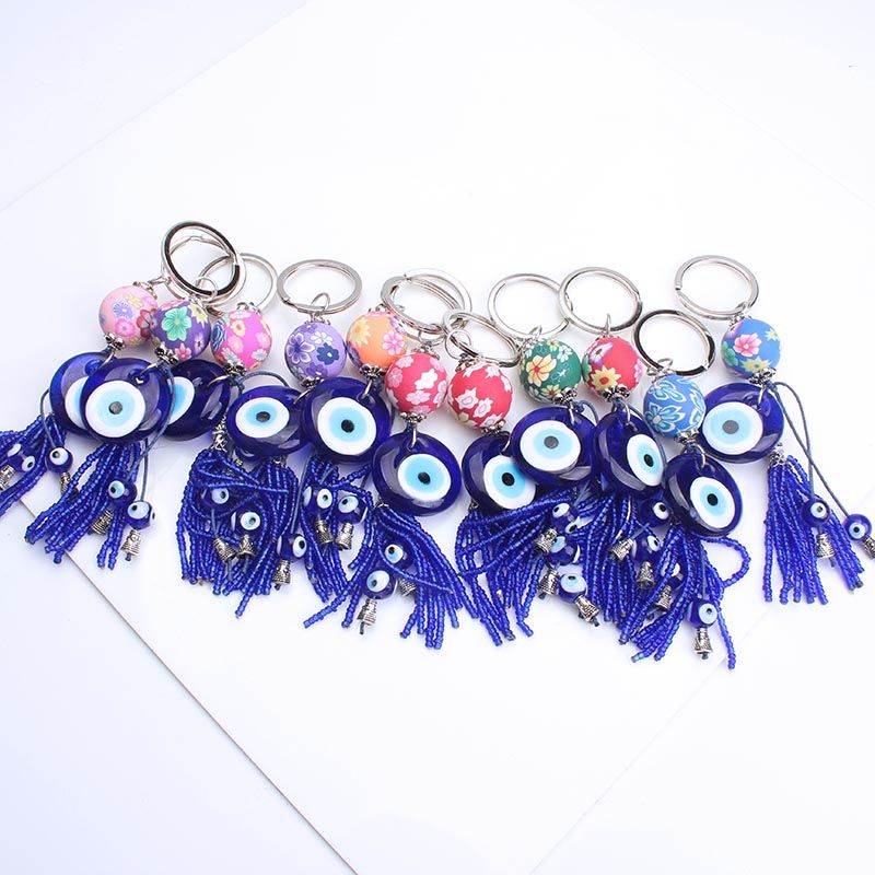 Turkey Evil Eye Keychain Keyring Tassrl Key 8mm Blue Evil Eye Beads For