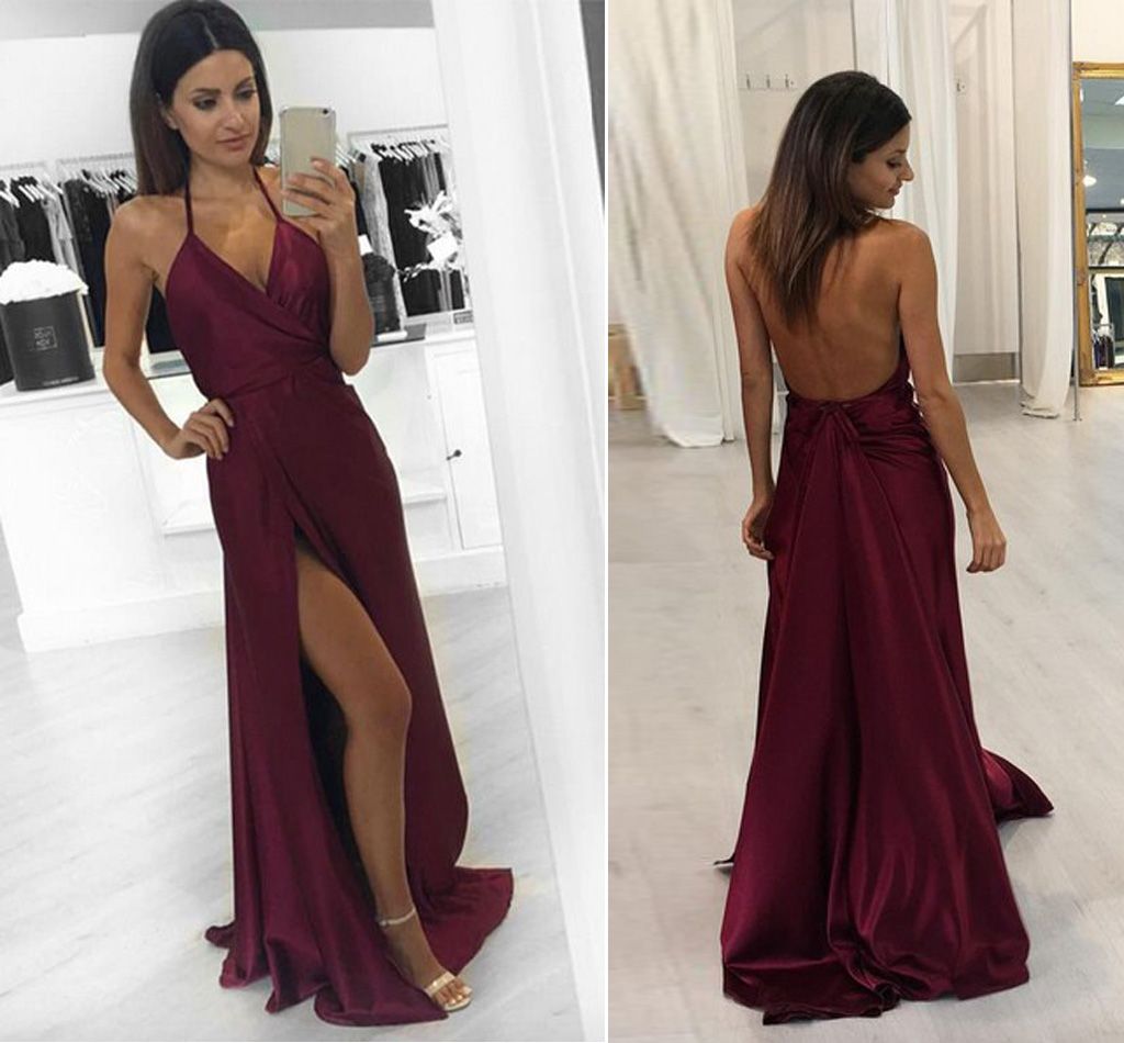 burgundy v neck prom dress