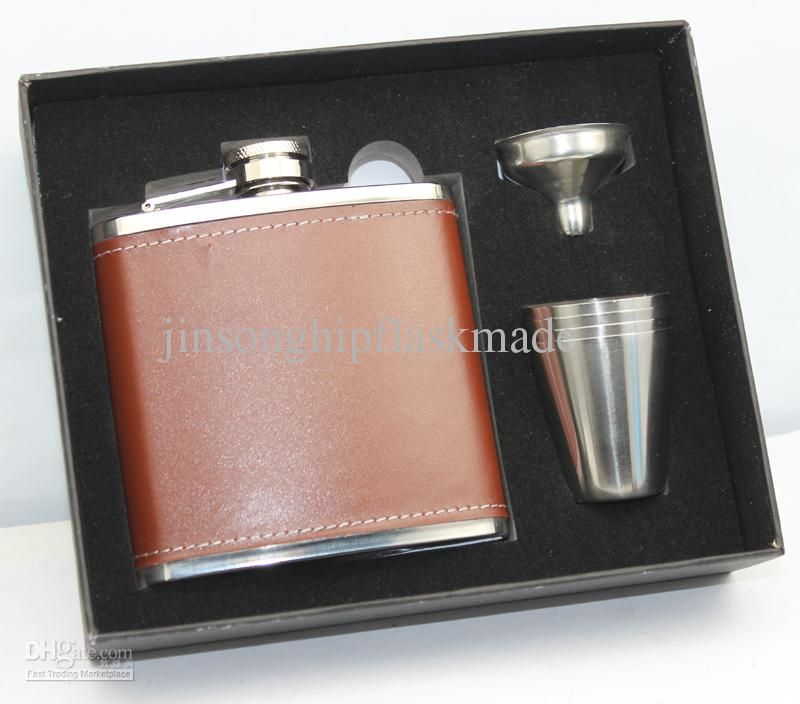 Brown Pu Leather Wrapped 6oz Wine Flask with 4 Shot Glass And Funnel in