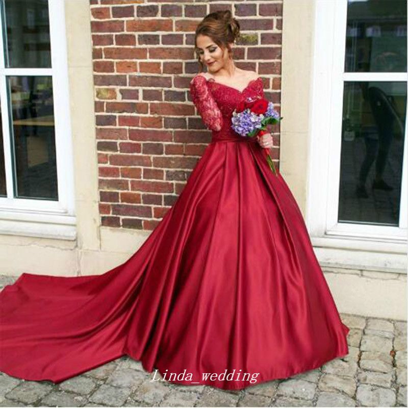 Burgunder Rotes Langärmliges Spitze Hochzeits Kleid Eine Linie Satin Frauen  Brautpartei Kleid Plus Größe Vestido De Noiva Von 140,26 € | DHgate Germany