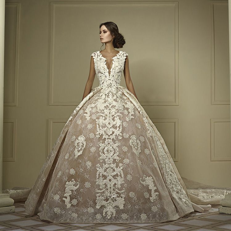 sheer plunge neck ball gown