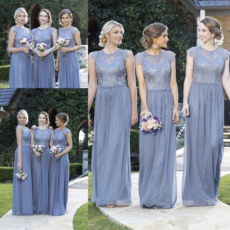  Dusty  Blue  Lace Church Country Long Bridesmaid  Dresses  