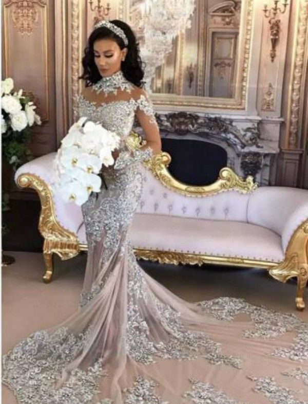 Lyxig brudklänning Sexig Sheer Bling Beaded Lace Appliques High Neck Illusion Långärmad Champagne Ivory White Mermaid Bridal Gowns