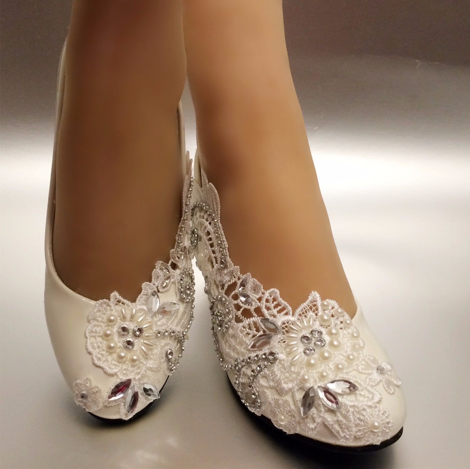 New Sweet Women Pearls Flower Rhinestone White Princess Wedding Shoes