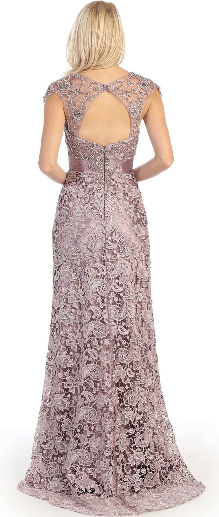 Lace Overlay Cap Sleeve Cutout Evening Dresses With Sash
