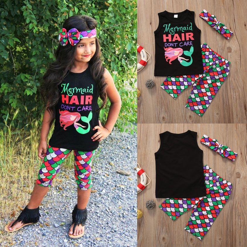 Newborn Baby Girls Mermaid Clothes T Shirt+Pants+Headband Outfits Sets Summer