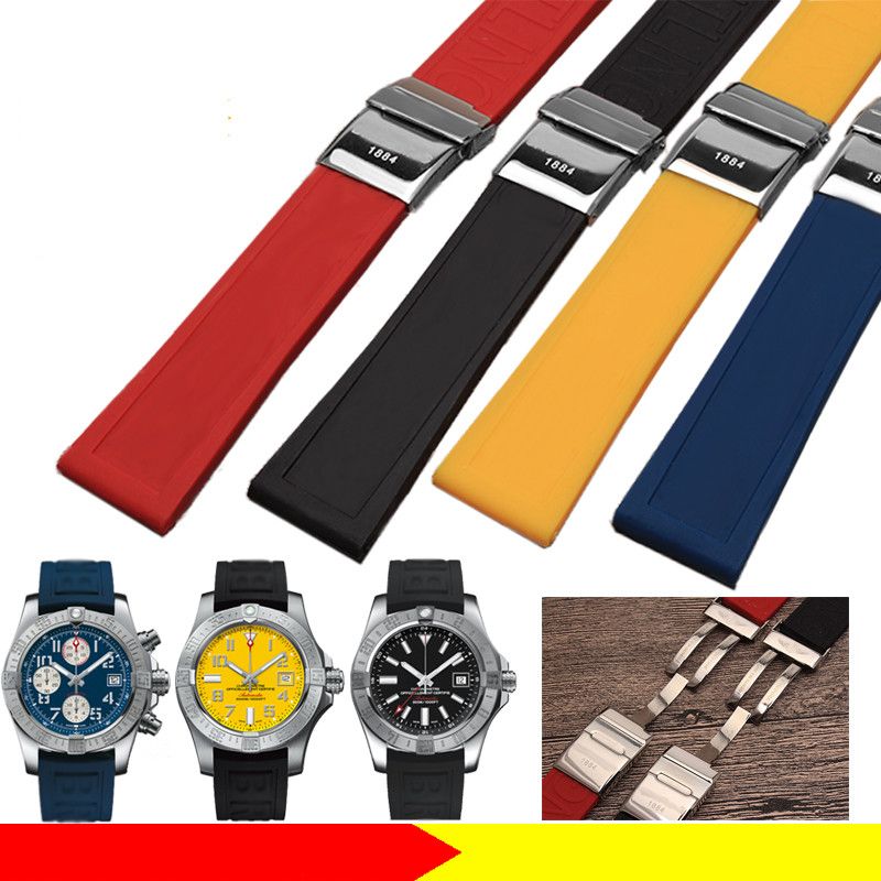 Acquista 22mm 24mm Cinturini Orologi In Gomma Siliconica Immersione Subacquea Pieghevole Fibbia Orologio Breitling AVENGER Nero Rosso Giallo Bracciali +