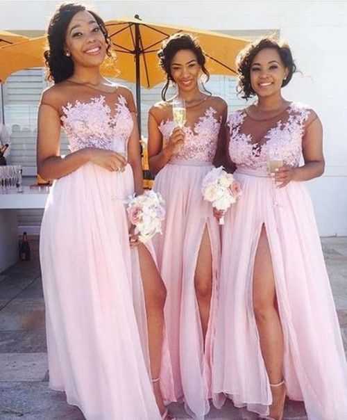 2017 Modest Lace Chiffon Bridesmaid Dresses Sheer Neck Side Split