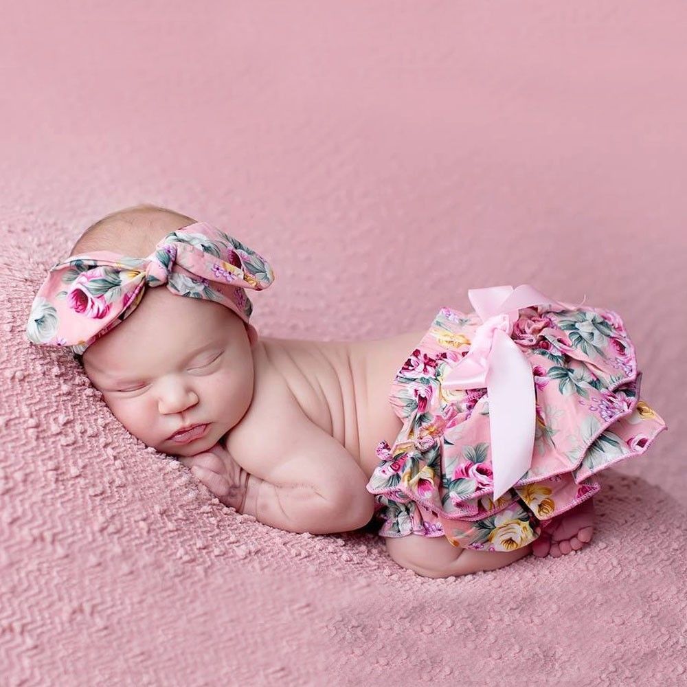 Floral Bow Baby Bloomer Headband Set Girl Diaper Covered Tutu Ruffled Panties Infant Shorts